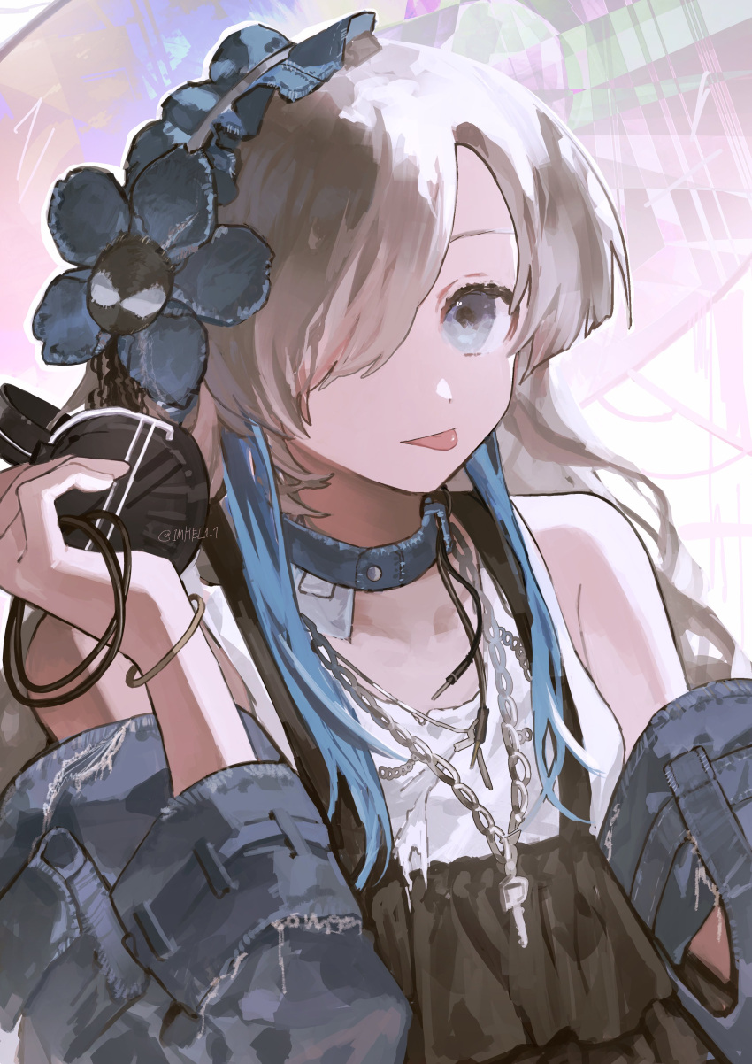 1girl absurdres alternate_costume audio_jack bangle black_overalls blonde_hair blue_flower blue_hair blue_hairband bracelet collar commentary_request denim detached_sleeves flower frilled_hairband frills grey_eyes hair_flower hair_ornament hair_over_one_eye hairband hand_up headphones highres holding holding_headphones imhel1_1 isekai_joucho jewelry kamitsubaki_studio key_necklace long_hair necklace overalls sidelocks solo tank_top tongue tongue_out torn_clothes twitter_username upper_body virtual_youtuber wavy_hair white_tank_top