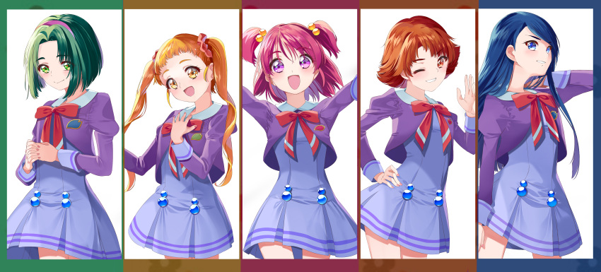 5girls :d absurdres akimoto_komachi arms_up blonde_hair blue_dress blue_eyes blue_hair bob_cut bow bowtie closed_mouth collared_shirt commentary dress green_eyes green_hair grin hair_bobbles hair_ornament hair_scrunchie hairband hand_in_own_hair hand_on_own_chest hand_on_own_hip highres interlocked_fingers kasugano_urara_(yes!_precure_5) l'ecole_des_cinq_lumieres_school_uniform long_hair long_sleeves looking_at_viewer medium_hair minazuki_karen multiple_girls natsuki_rin one_eye_closed open_mouth own_hands_together pink_eyes pink_hair pleated_dress precure purple_hairband purple_shirt red_bow red_bowtie red_eyes red_scrunchie redhead school_uniform scrunchie shirt short_dress short_hair smile standing twintails two_side_up waving yellow_eyes yes!_precure_5 yumehara_nozomi yuutarou_(fukiiincho)