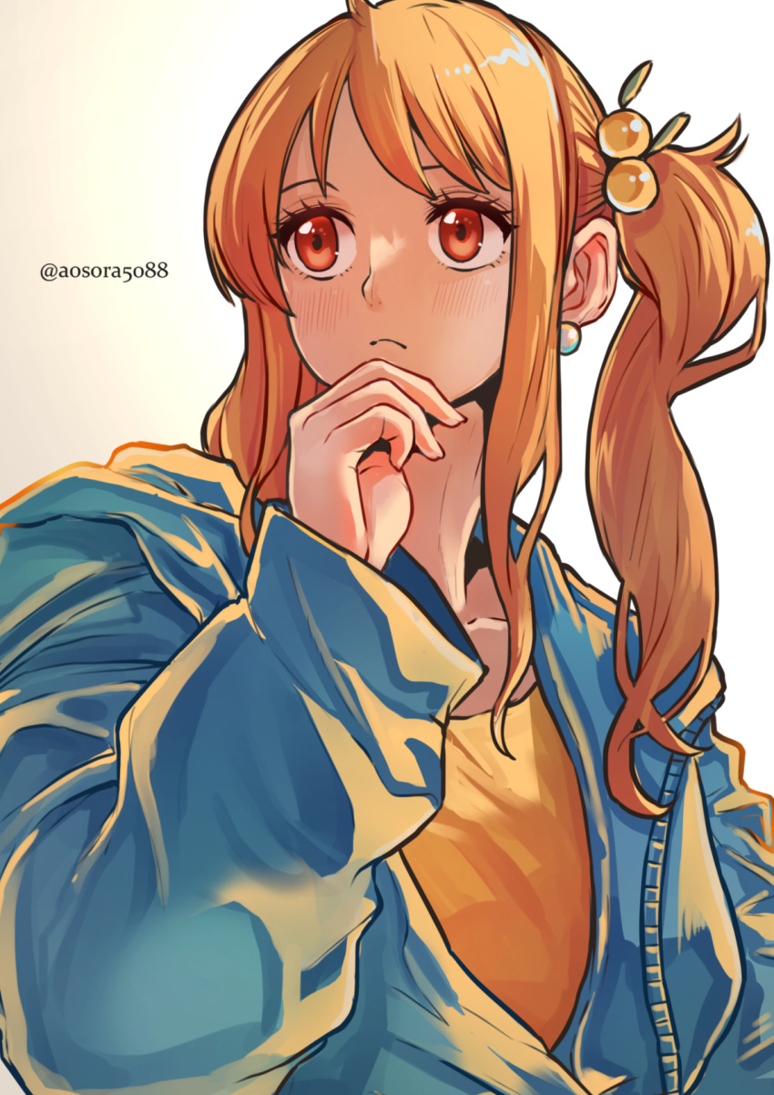 1girl aosora2823 blue_jacket blush closed_mouth dress earrings hair_ornament highres jacket jewelry long_hair nami_(one_piece) one_piece orange_eyes orange_hair orange_shirt shirt side_ponytail solo twitter_username upper_body