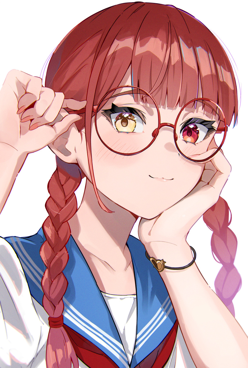 1girl :3 absurdres adjusting_eyewear alternate_costume alternate_hairstyle bespectacled blunt_bangs blush bracelet braid closed_mouth collarbone glasses haru_yu highres hololive houshou_marine jewelry long_hair red-framed_eyewear red_eyes redhead round_eyewear smile solo twin_braids upper_body virtual_youtuber yellow_eyes