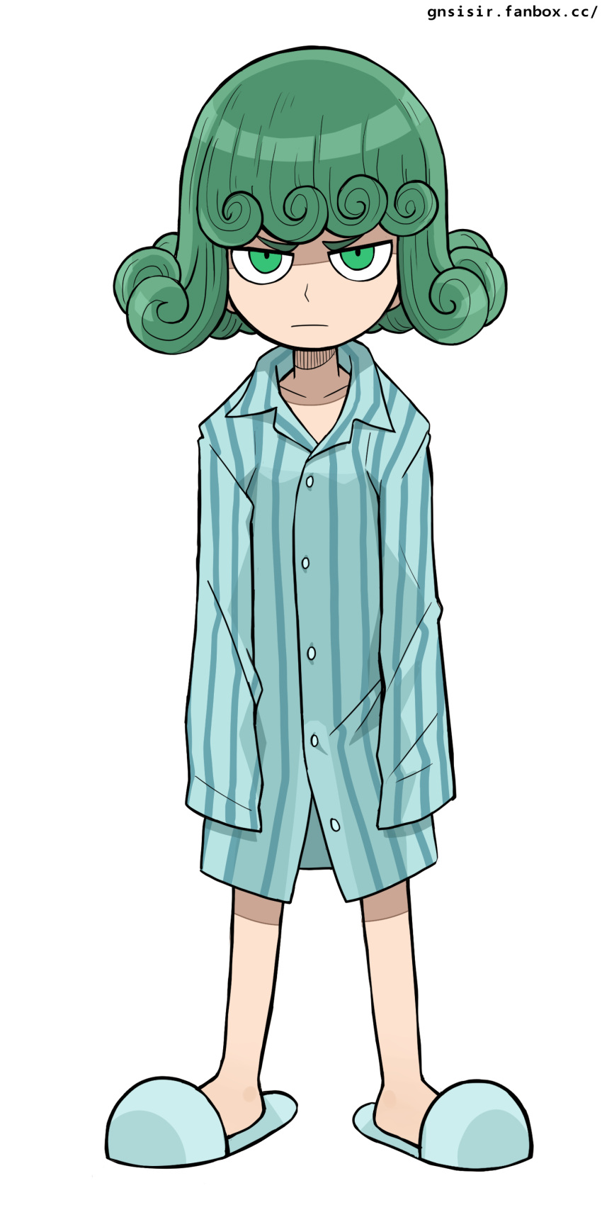 1girl absurdres closed_mouth curly_hair frown full_body gnsisir green_eyes green_hair highres looking_at_viewer one-punch_man one_(style) pajamas parody simple_background sleeves_past_fingers sleeves_past_wrists slippers standing striped striped_pajamas style_parody tatsumaki white_background