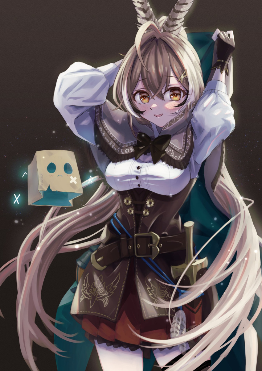 1girl :&lt; ahoge asymmetrical_legwear belt brown_capelet brown_cloak brown_corset brown_eyes brown_hair cape capelet cloak corset dagger feather_hair_ornament feathers friend_(nanashi_mumei) gloves hair_ornament hairclip hieroglyphics highres hololive hololive_english hood knife lantern long_hair looking_at_viewer monakarobo78 multicolored_hair nanashi_mumei partially_fingerless_gloves pleated_skirt ponytail pouch red_skirt ribbon runes shirt single_thighhigh skirt smile streaked_hair thigh-highs thigh_strap very_long_hair virtual_youtuber weapon white_shirt