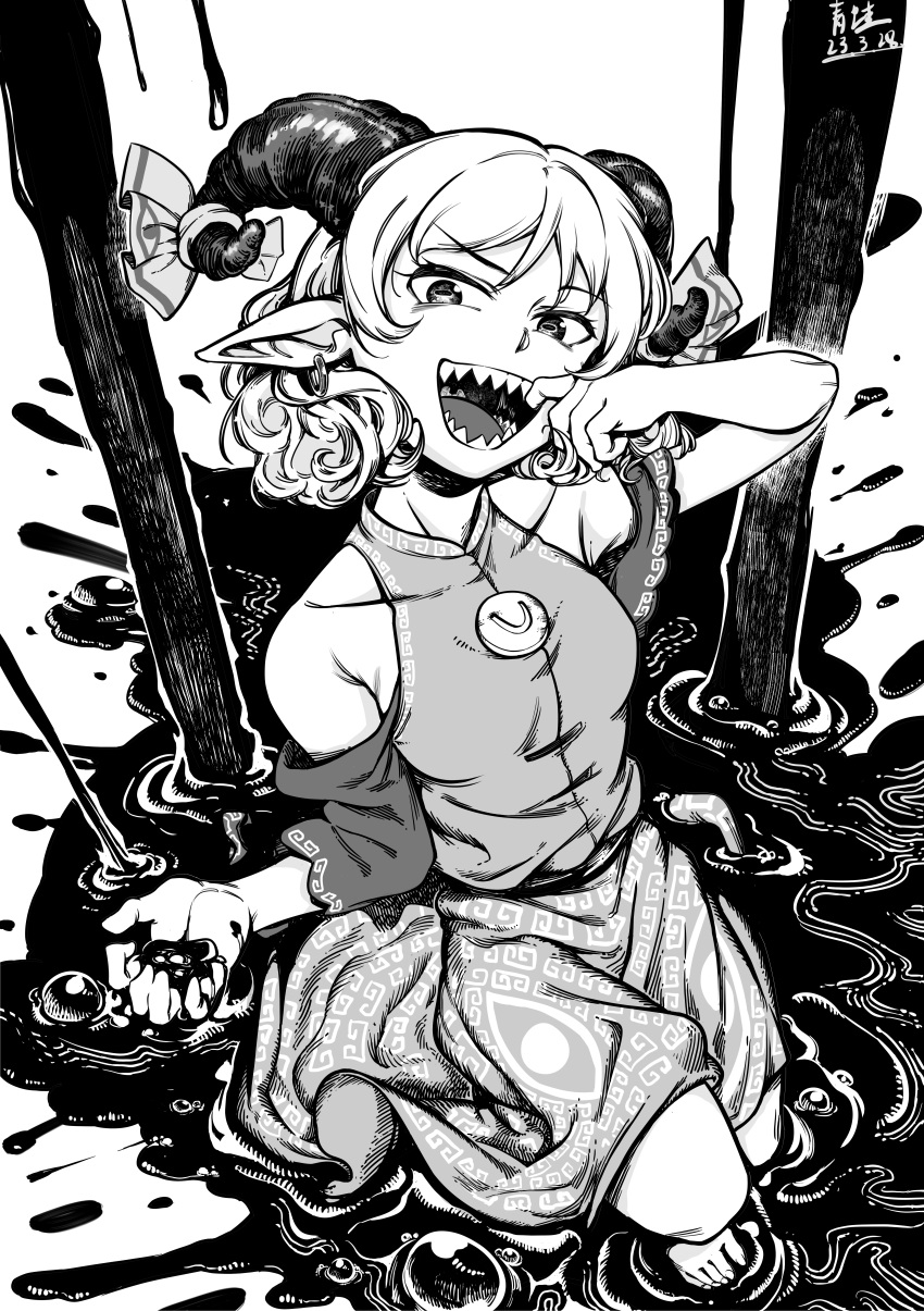 1girl :d absurdres bare_shoulders barefoot breasts collarbone finger_in_own_mouth from_above hair_behind_ear highres horizontal_pupils horn_ornament horn_ribbon horns looking_at_viewer medium_breasts monochrome mouth_pull petroleum photoshop_(medium) pointy_ears qingwa_chi_she ribbon sharp_teeth short_hair smile solo teeth touhou toutetsu_yuuma v-shaped_eyebrows