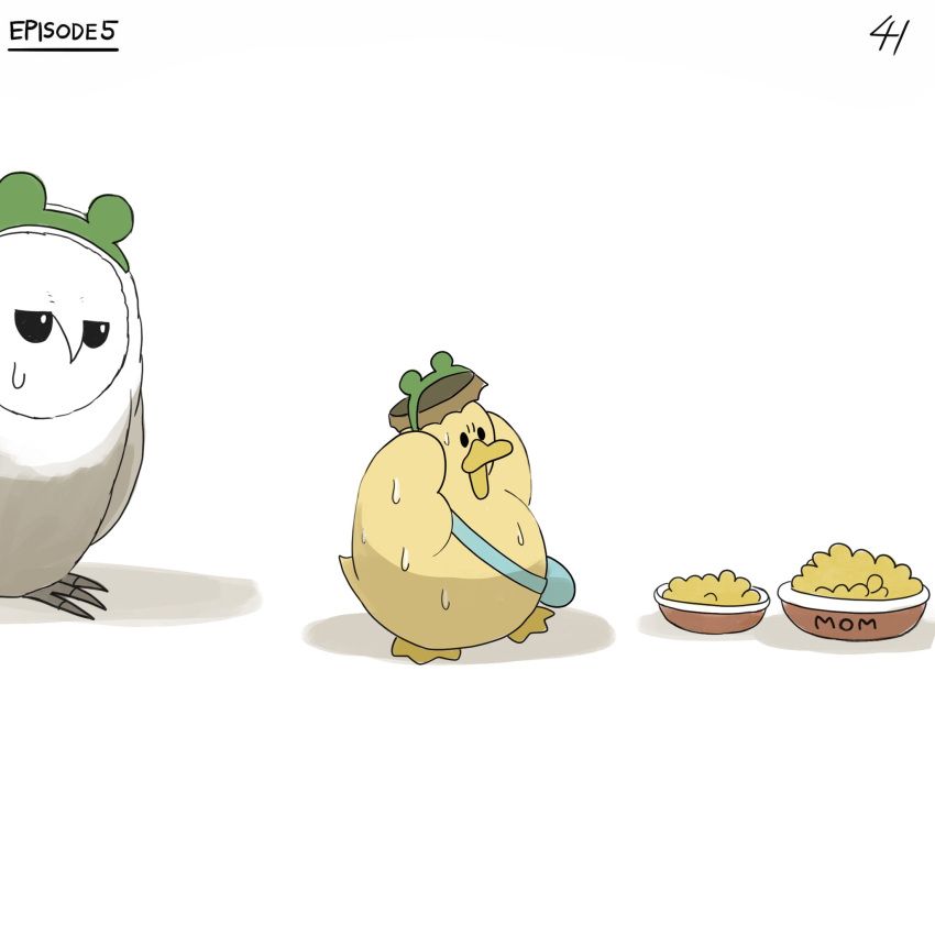 bird blue_bag bowl corn diva_(hyxpk) duck duckling english_commentary frog_headband highres no_humans numbered original owl page_number simple_background sweat sweating_profusely white_background