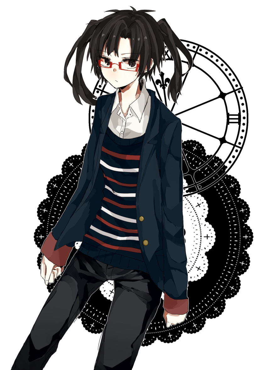 1girl :/ alternate_costume arms_at_sides bespectacled black_eyes black_hair black_vest blazer blue_jacket buttons clenched_hand closed_mouth collared_shirt commentary_request cross dial enomoto_takane feet_out_of_frame fingernails fleur-de-lis glasses grey_pants highres jacket kagerou_project lapels latin_cross layered_clothes long_sleeves looking_away medium_hair monochrome_background notched_lapels open_clothes open_collar open_jacket pants parted_hair partial_commentary pocket rectangular_eyewear red-framed_eyewear red_stripes roman_numeral semi-rimless_eyewear shigunohito shirt solo twintails unbuttoned under-rim_eyewear vest white_background white_shirt white_stripes