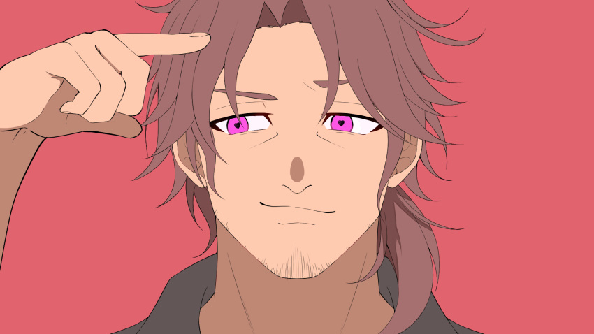 1boy arm_up belmond_banderas black_shirt brown_hair choco_(chocovix112) closed_mouth collared_shirt eyebrows_hidden_by_hair facial_hair heart heart-shaped_pupils highres looking_away looking_to_the_side male_focus nijisanji parted_bangs portrait red_background shirt simple_background smirk solo stubble symbol-shaped_pupils thick_eyebrows violet_eyes virtual_youtuber