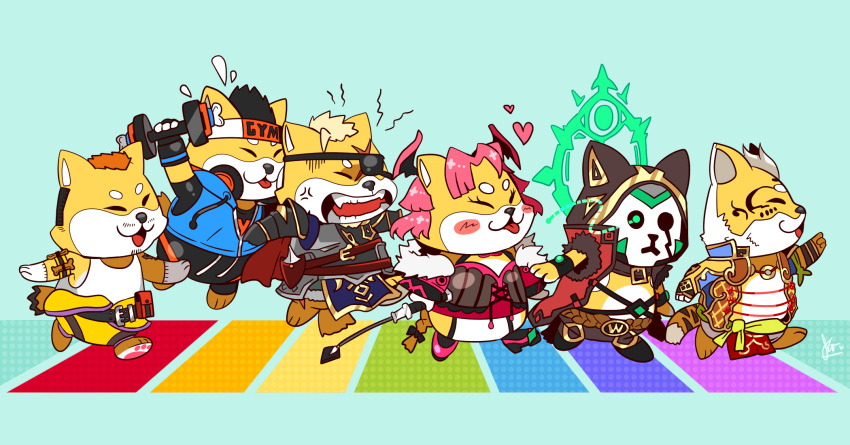 alternate_costume angry armor artist_name blue_background carter_(gyee) clothes_around_waist collared_jacket duckpasta dumbbell eyepatch glowing glowing_eyes gyee happy headband highres holding holding_whip jacket jacket_around_waist lee_(gyee) lin_hu_(nekojishi) markus_(gyee) mask open_mouth rainbow rand_(gyee) rita_(gyee) signature simple_background teeth tongue walking whip