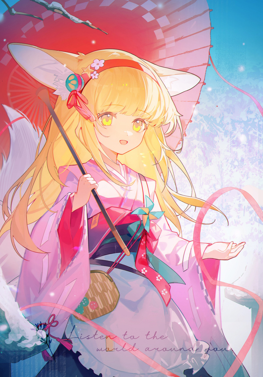 1girl :d absurdres animal_ears apron arknights black_skirt blonde_hair commentary_request english_text fox_ears fox_girl fox_tail frilled_apron frills highres holding holding_umbrella japanese_clothes kimono long_hair long_sleeves obi oil-paper_umbrella outdoors pink_kimono red_umbrella sash skirt smile snow solo suzuran_(arknights) suzuran_(yukibare)_(arknights) tail tolu_ya umbrella very_long_hair waist_apron white_apron wide_sleeves yellow_eyes