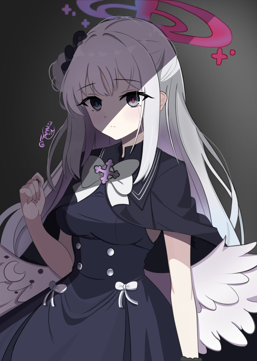 1girl absurdres alternate_color alternate_eye_color alternate_hair_color black_capelet black_dress black_eyes blue_archive blunt_bangs bow capelet commentary dark_persona dress feathered_wings grey_hair grey_wings hair_bun hair_ornament hair_scrunchie halo highres long_hair looking_at_viewer mika_(blue_archive) mismatched_pupils one_side_up school_uniform scrunchie shaded_face sidelocks simple_background single_side_bun solo tamaki_(tamaki-sh) wings wrist_scrunchie