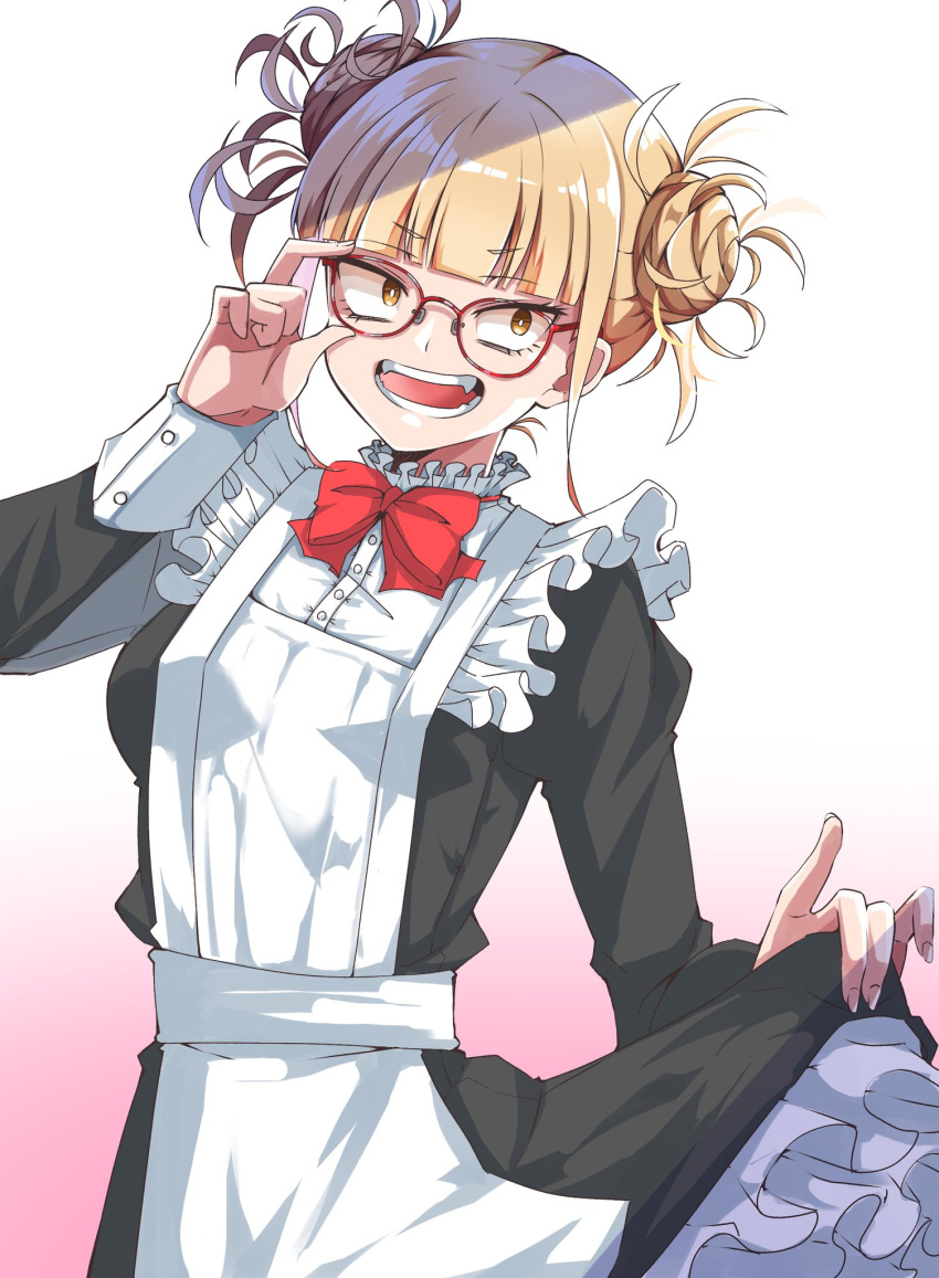 1girl adjusting_eyewear alternate_costume apron bespectacled black_dress blunt_bangs boku_no_hero_academia bow bowtie bright_pupils buttons clothes_lift collared_dress commentary cowboy_shot double_bun dress enmaided fangs fingernails frilled_apron frilled_dress frills glasses gradient_background hair_bun hand_up highres lifted_by_self long_sleeves looking_to_the_side maid maid_apron messy_hair open_mouth petticoat pink_background red-framed_eyewear red_bow red_bowtie sharp_fingernails shinonome_mozuku skirt skirt_lift sleeve_cuffs solo teeth toga_himiko tsurime two-tone_dress upper_body white_apron white_background white_dress yellow_eyes
