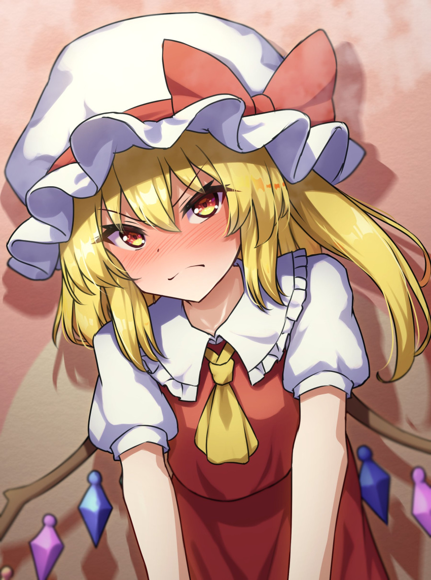 1girl absurdres ascot blush bow brown_background closed_mouth crystal flandre_scarlet hat hat_bow highres looking_at_viewer medium_hair mob_cap one_side_up red_bow red_eyes red_skirt red_vest shirt short_sleeves skirt solo touhou v-shaped_eyebrows vest white_headwear white_shirt wings yellow_ascot yosshy