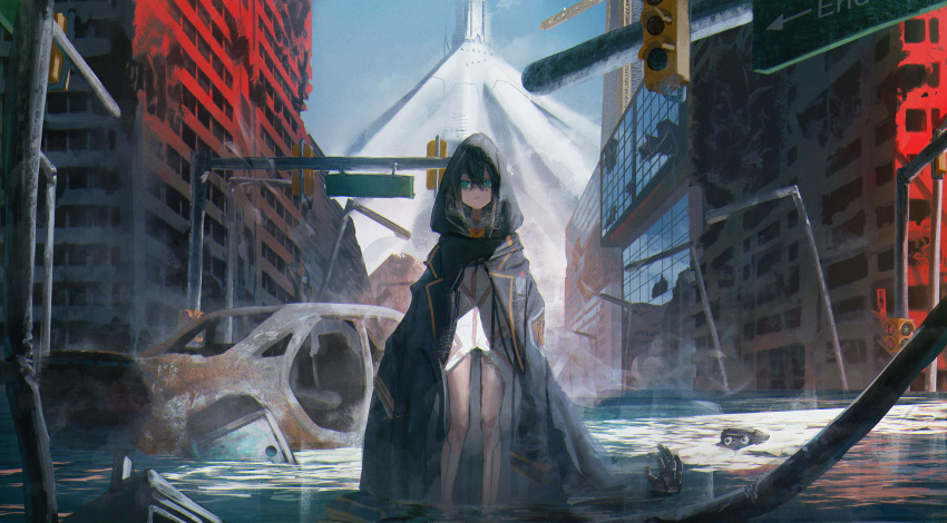 1girl abandoned betabeet black_cloak black_hair blue_eyes building car cloak commentary english_commentary expressionless flood highres long_hair looking_at_viewer motor_vehicle original outdoors ruins skeleton solo traffic_light water