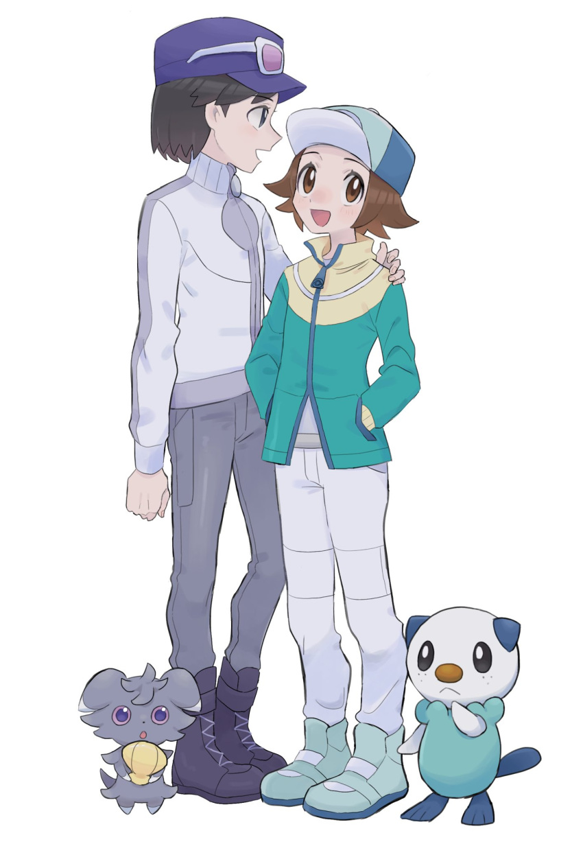 2boys :d alternate_costume boots brown_eyes brown_hair calem_(pokemon) commentary espurr green_footwear green_jacket hand_on_another's_shoulder hands_in_pockets hat highres hilbert_(pokemon) jacket looking_up male_focus multiple_boys open_mouth oshawott pants pokemon pokemon_(creature) pokemon_(game) pokemon_masters_ex sana_(37pisana) short_hair smile standing turtleneck turtleneck_jacket white_background white_pants zipper_pull_tab