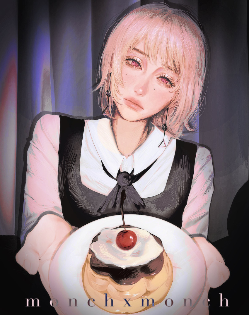 1girl artist_name black_ribbon chainsaw_man cherry closed_mouth curtains dessert dress earrings eyelashes fami_(chainsaw_man) food fourth_east_high_school_uniform fruit head_tilt highres holding holding_plate jewelry looking_at_viewer mole mole_under_eye mole_under_mouth monchxmonch multiple_moles pinafore_dress pink_eyes pink_hair plate ribbon ringed_eyes school_uniform shirt short_hair solo twitter_username white_shirt