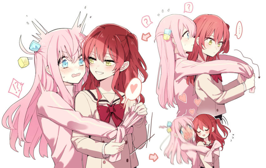 !? 2girls ? blue_eyes blush bocchi_the_rock! bow closed_eyes cube_hair_ornament embarrassed gotou_hitori green_eyes hair_between_eyes hair_ornament heart hug hug_from_behind jacket kita_ikuyo kuma_(bloodycolor) long_hair long_sleeves looking_at_another multiple_girls one_side_up open_mouth pink_hair pink_jacket pink_track_suit red_bow redhead sailor_collar school_uniform shuka_high_school_uniform sleeves_past_fingers sleeves_past_wrists smile speech_bubble spoken_heart surprised sweat sweatdrop tied_sleeves track_jacket white_sailor_collar yuri