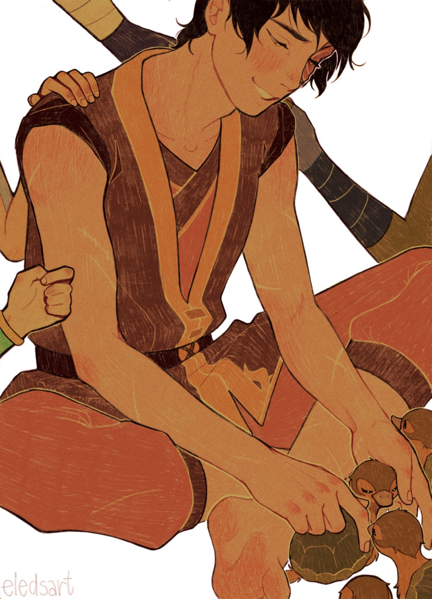 1boy artist_name avatar:_the_last_airbender avatar_legends bare_arms barefoot black_hair eledsart fingernails hand_on_another's_shoulder highres indian_style male_focus petting scar scar_across_eye sitting smile soles turtle_duck white_background zuko