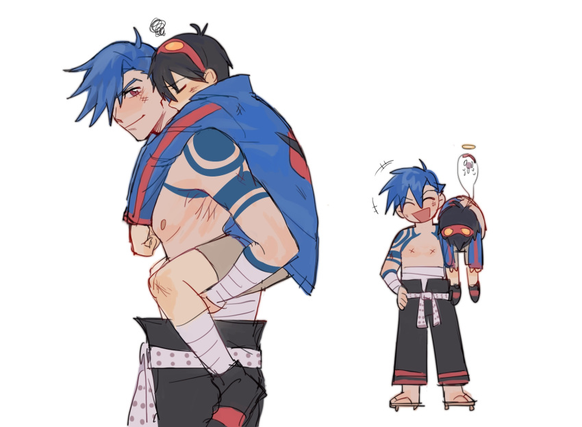 2608337875 2boys blue_hair carrying carrying_over_shoulder geta giving_up_the_ghost goggles goggles_on_head highres kamina_(ttgl) midriff_sarashi multiple_boys piggyback sarashi simon_(ttgl) squiggle tengen_toppa_gurren_lagann topless_male