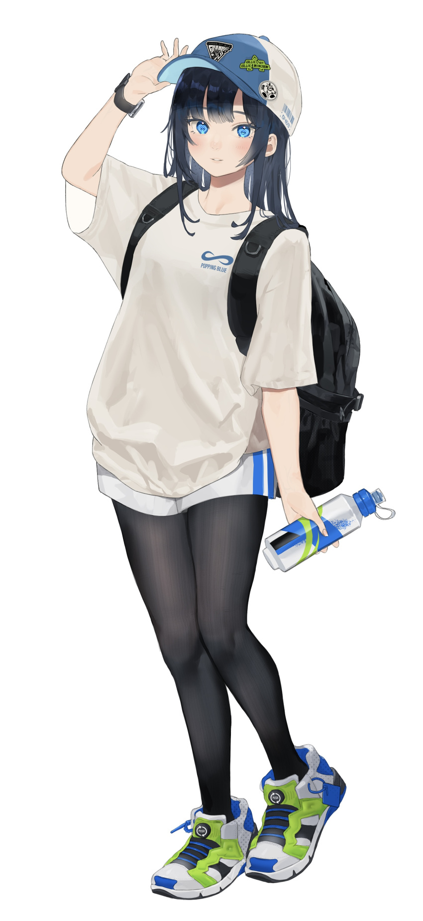 1girl absurdres backpack bag baseball_cap black_bag black_hair black_pantyhose blue_eyes blush bottle full_body hand_on_headwear hat highres holding holding_bottle isshiki_seiran long_hair looking_at_viewer mashiro_kta original pantyhose parted_lips shirt shoes shorts simple_background sneakers solo two-tone_headwear water_bottle white_background white_shirt white_shorts wristband