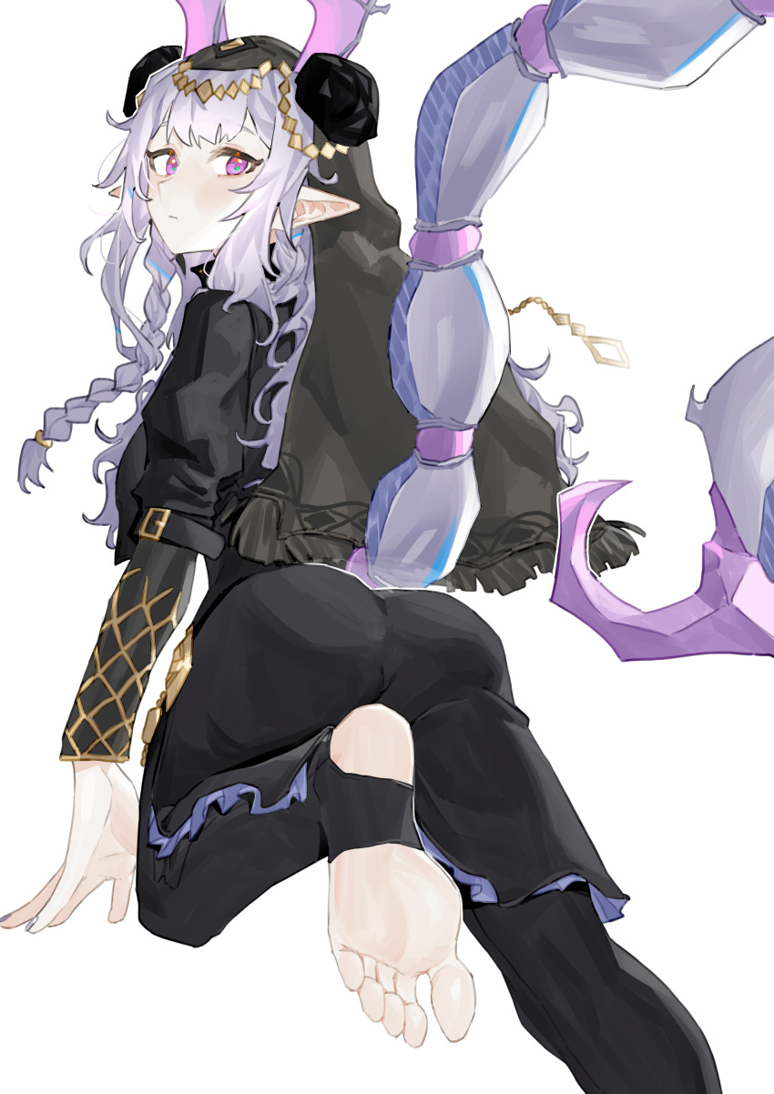 1girl absurdres arknights black_panties black_shirt closed_mouth commentary_request expressionless feet from_behind highres horns long_hair looking_at_viewer looking_back manticore_(arknights) manticore_(under_a_veil)_(arknights) official_alternate_costume panties pointy_ears purple_hair renxzd scorpion_tail shirt simple_background solo stirrup_legwear tail toeless_legwear toes underwear violet_eyes white_background