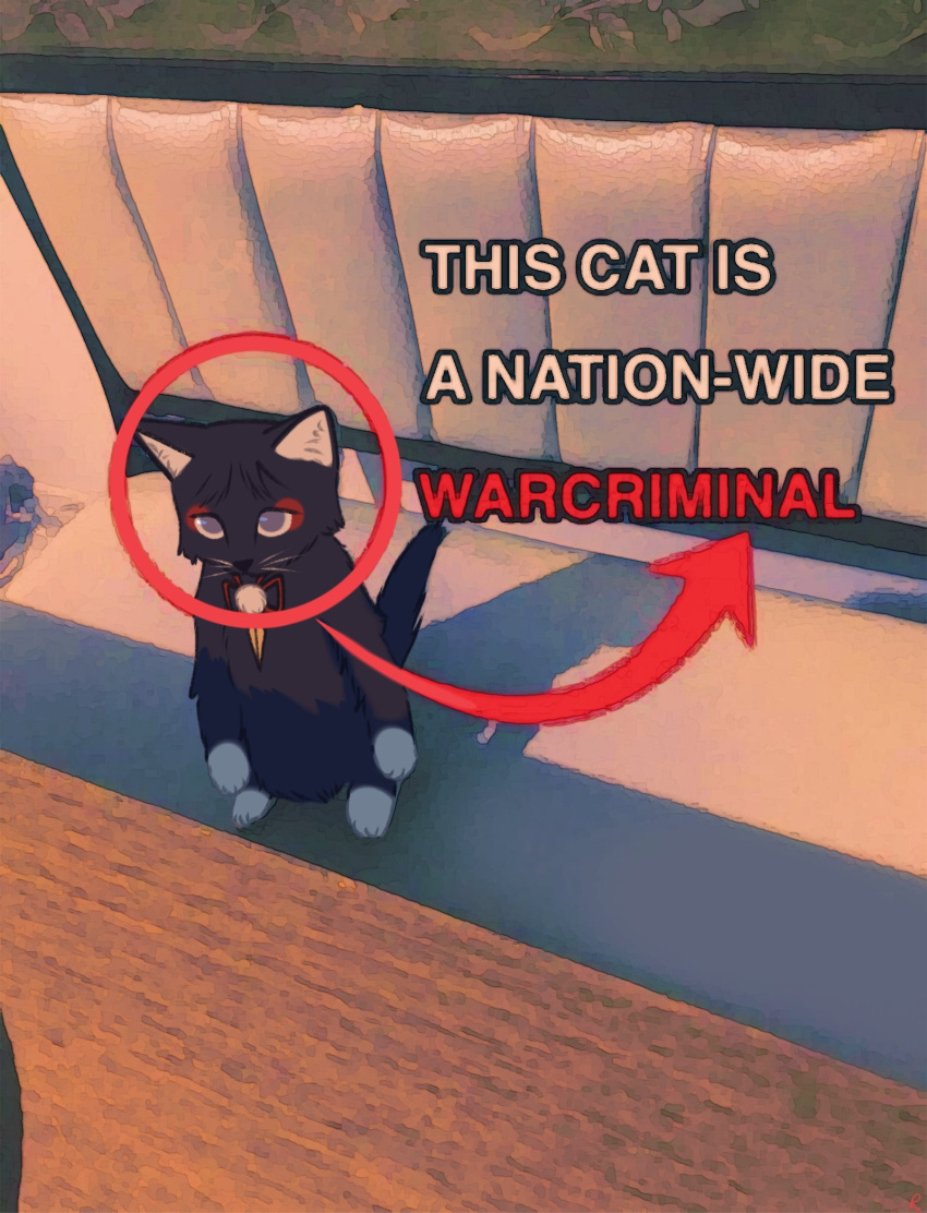 1boy animal_ears animalization black_cat cat cat_ears cat_tail genshin_impact highres looking_at_viewer meme pom_pom_(clothes) red_arrow_and_circle_(meme) red_eyeliner scaramouche_(cat)_(genshin_impact) scaramouche_(genshin_impact) tail terrascrunchie violet_eyes