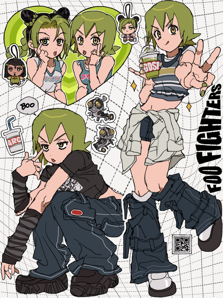 3girls akanbe arm_warmers black_hair clothes_around_waist crop_top dark-skinned_female dark_skin denim detached_sleeves double_bun dreadlocks ermes_costello foo_fighters foo_fighters_(stand) fu_r_y green_hair green_lips hair_bun highres jacket jacket_around_waist jeans jojo_no_kimyou_na_bouken keychain kujo_jolyne loose_socks midriff multicolored_hair multiple_girls multiple_persona pants short_hair slushie socks stand_(jojo) stone_ocean tongue tongue_out two-tone_hair