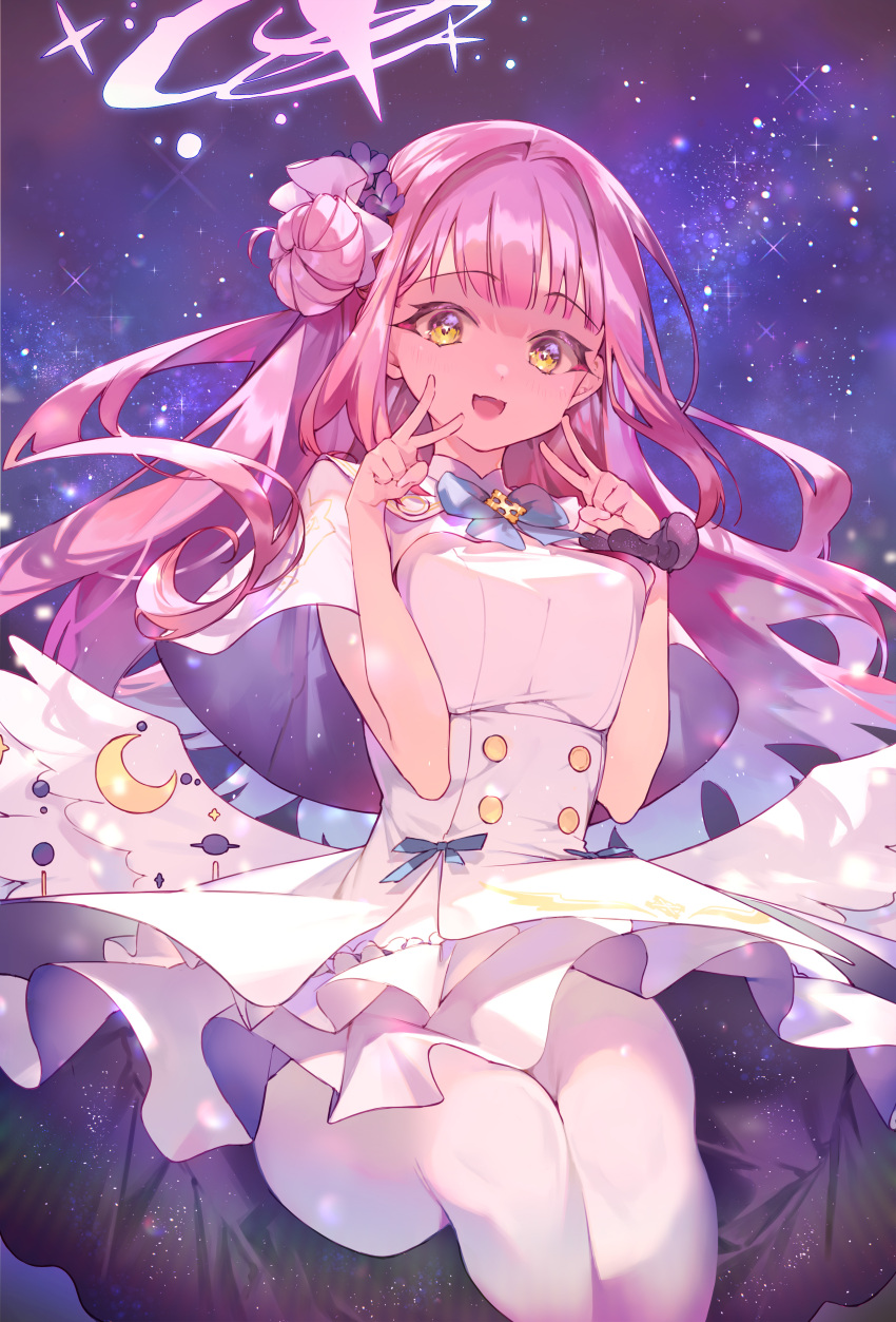 1girl :d absurdres amana_(pocketkey) angel_wings bikini blue_archive breasts cape double_v dress feathered_wings flower gradient_hair hair_bun hair_flower hair_ornament halo highres long_hair long_skirt looking_at_viewer low_wings mika_(blue_archive) multicolored_hair parted_bangs pink_hair ribbon scrunchie single_hair_bun single_side_bun skirt sky smile solo star_(sky) starry_sky swimsuit v white_wings wing_ornament wings wrist_scrunchie yellow_eyes