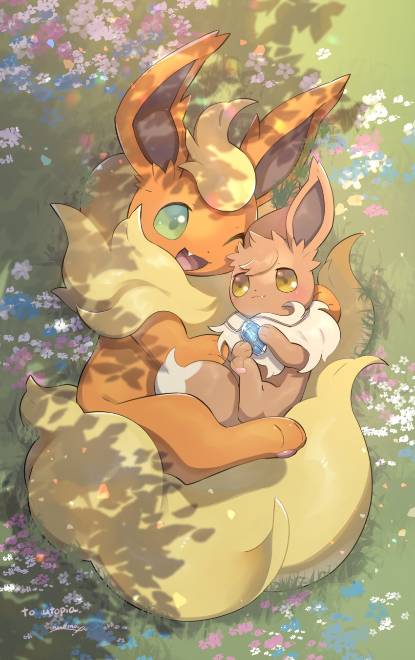 absurdres artist_name blue_gemstone eevee flareon flower gem grass highres holding holding_gem jewelry necklace no_humans nullma on_grass one_eye_closed open_mouth outdoors pokemon pokemon_(creature) watermark