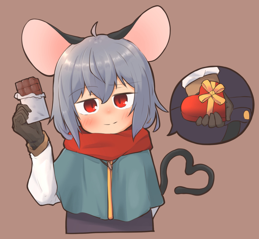 1girl ahoge animal_ears blush box brown_background brown_gloves candy capelet chocolate chocolate_bar closed_mouth commentary_request food gloves green_capelet greenpiecerice grey_hair grey_vest hair_between_eyes heart heart-shaped_box heart_tail highres long_bangs long_sleeves looking_at_viewer mouse_ears mouse_girl mouse_tail nazrin red_eyes red_scarf scarf shirt short_hair simple_background smile solo split_mouth tail touhou upper_body vest white_shirt