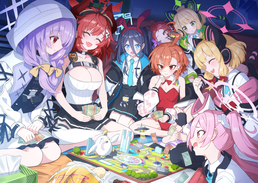 6+girls ahoge animal_ear_headphones animal_ears aris_(blue_archive) atsuko_(blue_archive) bare_shoulders black_hair black_jacket black_skirt blonde_hair blue_archive blue_eyes blue_halo blue_necktie blush board_game bow braid breasts cat_ear_headphones cat_tail chips_(food) clenched_hand closed_eyes commentary_request crossed_legs detached_collar fake_animal_ears fake_tail fang flat_chest food fuji_tarawi green_eyes green_halo hair_between_eyes hair_bow halo headphones highres hood hooded_jacket huge_breasts indian_style indoors jacket koyuki_(blue_archive) leotard long_hair low_tied_sidelocks megu_(blue_archive) midori_(blue_archive) momoi_(blue_archive) multiple_girls necktie neru_(blue_archive) neru_(bunny)_(blue_archive) open_clothes open_jacket open_mouth parted_lips peroro_(blue_archive) pink_eyes pink_hair pink_halo playboy_bunny playing_games pleated_skirt potato_chips purple_hair purple_halo rabbit_ears red_eyes red_halo red_leotard redhead school_uniform seiza short_hair siblings side_braid single_braid sisters sitting skirt sleeping smile tail teeth thigh-highs tissue tissue_box twins upper_teeth_only white_thighhighs yellow_bow yuzu_(blue_archive)
