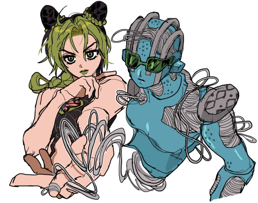 2girls black_hair cone_hair_bun double_bun fu_r_y green_eyes green_hair green_lips hair_bun jojo_no_kimyou_na_bouken kujo_jolyne lipstick makeup midriff multicolored_hair multiple_girls spider_web_print stand_(jojo) stone_free stone_ocean string sunglasses two-tone_hair unraveling