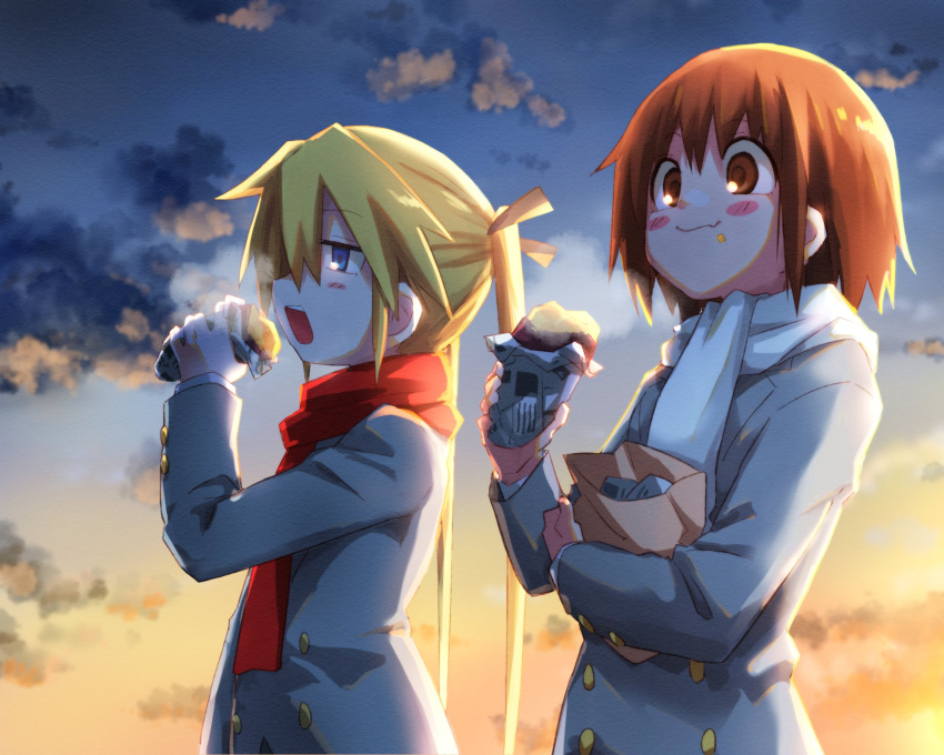 2girls black_ribbon blonde_hair blush_stickers brown_eyes brown_hair closed_mouth clouds eating fang food food_on_face grey_jacket hair_ribbon highres holding jacket kill_me_baby long_hair long_sleeves multiple_girls open_mouth oribe_yasuna outdoors red_scarf ribbon roasted_sweet_potato scarf short_hair skin_fang sky sonya_(kill_me_baby) steam sweet_potato twintails white_scarf yachima_tana