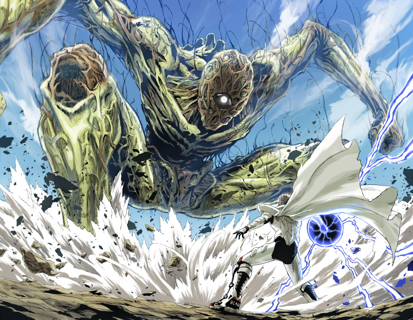2boys absurdres armor blast_(one-punch_man) blue_sky boots cape clenched_hand clouds cyclops energy_orb giant gloves god_(one-punch_man) highres lightning looking_at_another monster multiple_boys one-eyed one-punch_man pedrozox2093 short_hair sky spiky_hair standing white_cape