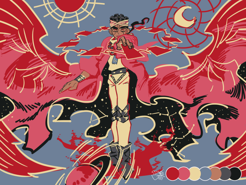 1boy carota327 convenient_censoring crescent crescent_hair_ornament dark-skinned_male dark_skin fiery_wings hair_ornament headband highres jojo_no_kimyou_na_bouken knee_pads limited_palette long_coat male_focus mohammed_avdol solo stardust_crusaders starry_sky_print tarot wings