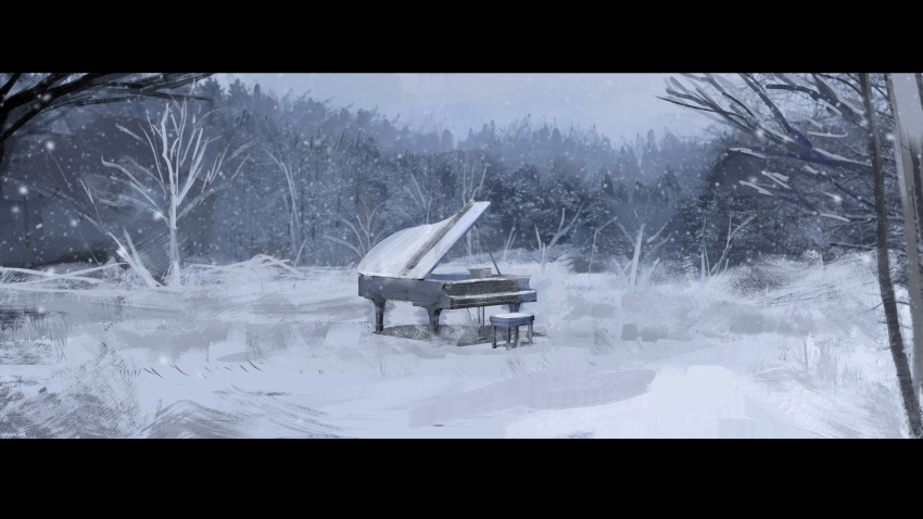 advarcher commentary grand_piano highres instrument landscape letterboxed nature no_humans original piano piano_bench scenery snow snowing tree winter