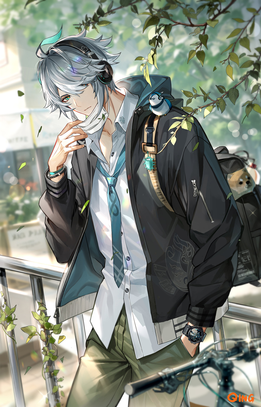 1boy against_railing ahoge alhaitham_(genshin_impact) animal_on_shoulder aqua_eyes backpack bag bicycle bird bird_on_shoulder black_bag black_jacket blue_necktie blurry blurry_background bracelet branch closed_mouth collared_shirt cowboy_shot day falling_leaves genshin_impact grey_hair ground_vehicle hair_over_one_eye hand_in_pocket hand_up headset highres hood hood_down hooded_jacket jacket jewelry leaf long_sleeves looking_at_viewer loose_necktie male_focus mask mouth_mask necktie open_clothes outdoors qing railing shiba_inu shirt solo standing surgical_mask swept_bangs tree watch white_shirt zipper