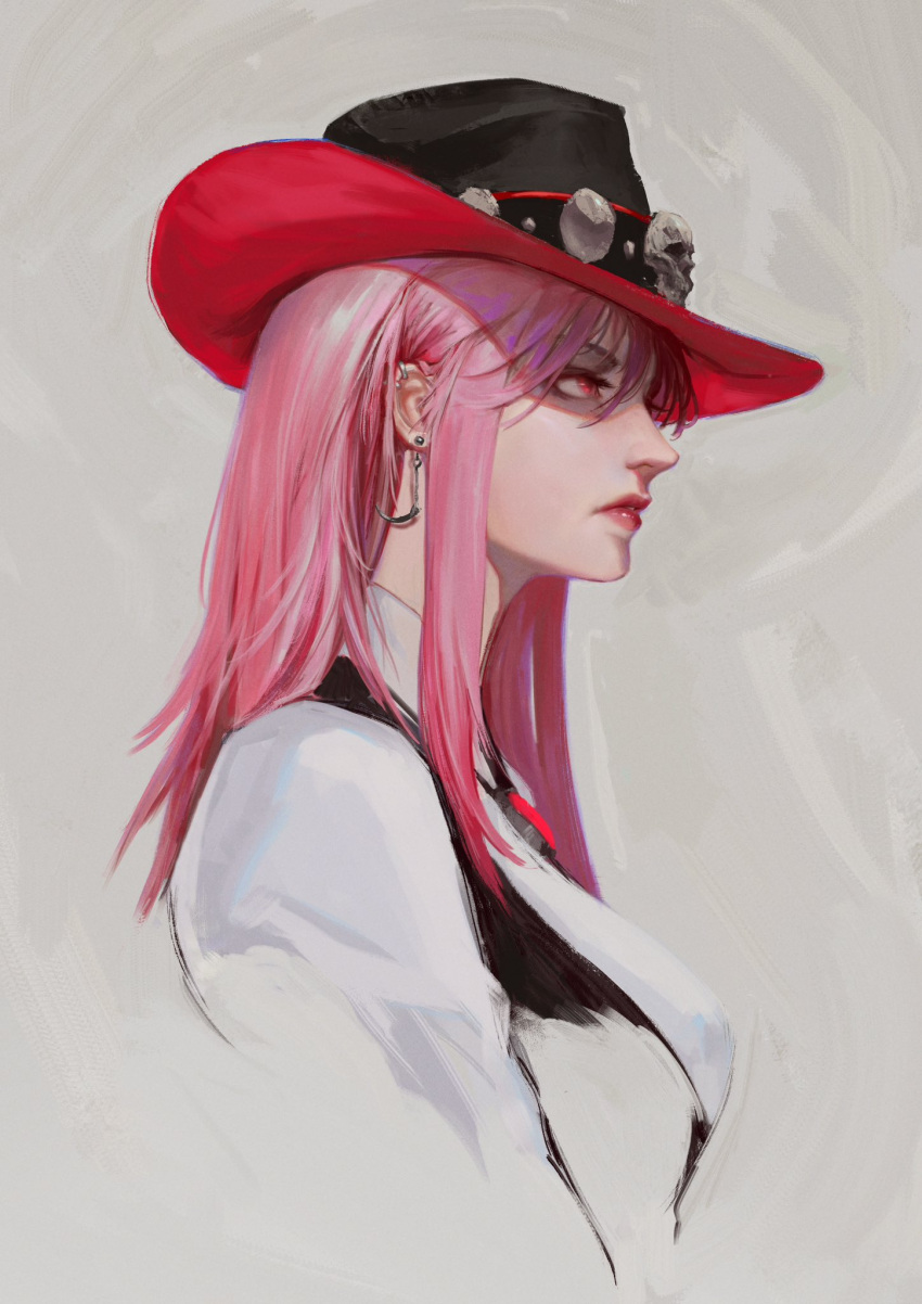 1girl commentary cowboy_hat cropped_torso ear_piercing earrings english_commentary eyelashes grey_background hat highres hololive hololive_english jewelry lips long_hair looking_ahead mori_calliope nose official_alternate_costume parted_lips piercing pink_eyes pink_hair portrait profile red_lips shirt sidelocks skull solo thedurianart virtual_youtuber white_shirt