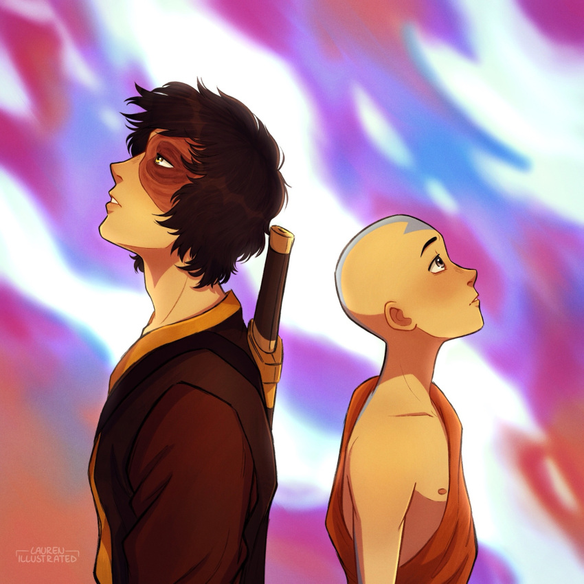 2boys aang artist_name avatar:_the_last_airbender avatar_legends bald black_hair fire grey_eyes highres lauren_illustrated looking_up male_focus multiple_boys nipples parted_lips scar scar_across_eye tattoo yellow_eyes zuko