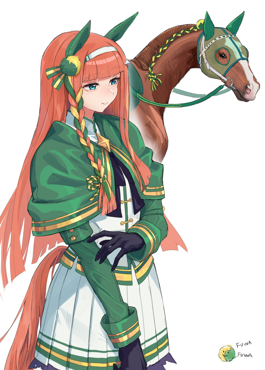 1girl 1other absurdres alternate_hairstyle animal_ears aqua_eyes benikirin black_bow black_bowtie black_gloves blunt_bangs bow bowtie braid capelet creature_and_personification ear_covers frilled_skirt frills gloves green_capelet hairband highres hime_cut horse horse_ears horse_girl horse_tail long_hair long_sleeves orange_hair pleated_skirt silence_suzuka_(racehorse) silence_suzuka_(umamusume) simple_background skirt tail tail_through_clothes umamusume white_background white_hairband white_skirt