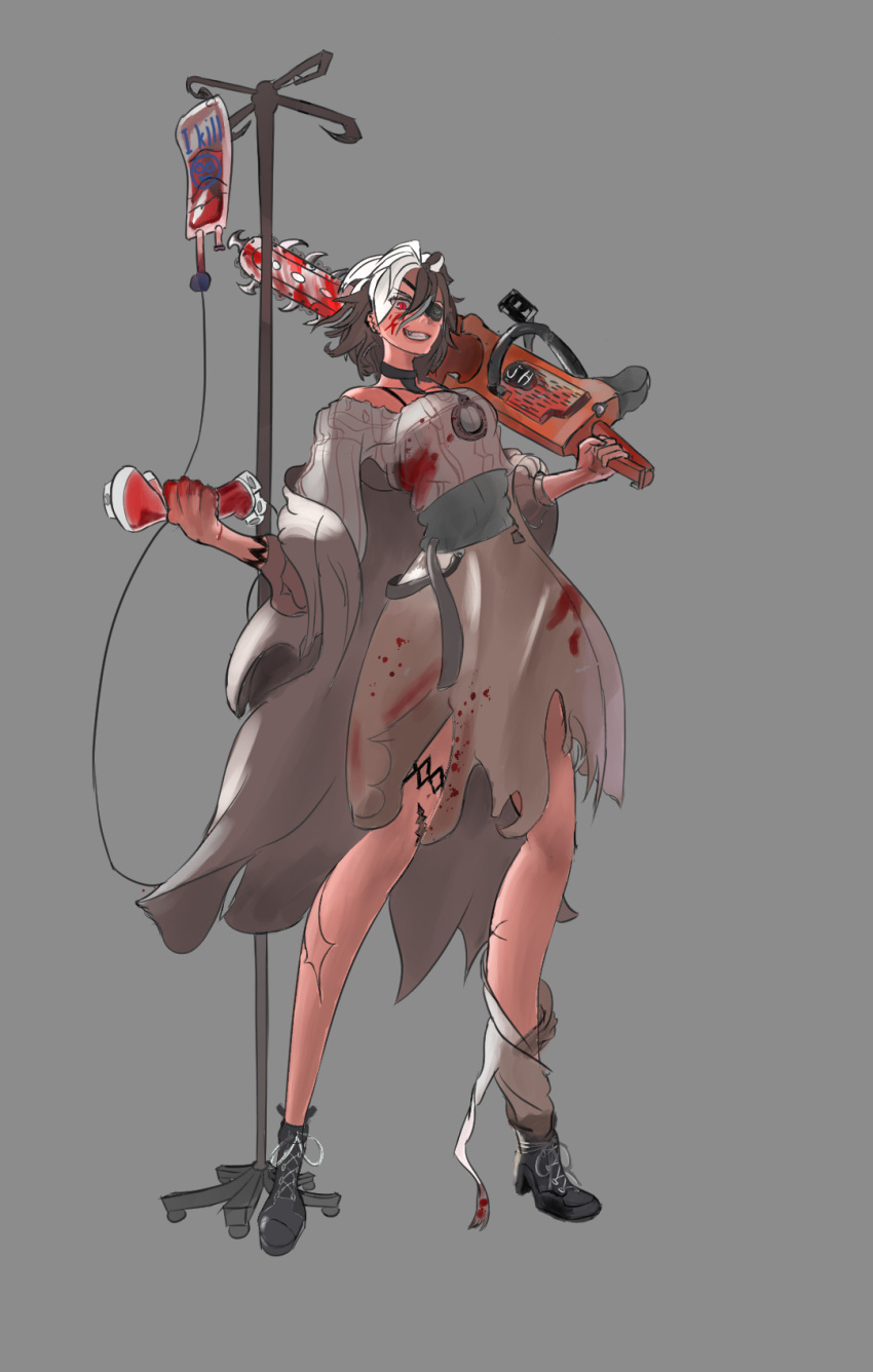 anime_coloring black_hair blood blood_on_clothes blood_on_face chainsaw crazy crazy_eyes crazy_smile gore_(white_gore) guro highres hospital hot mature_female non-web_source novel_illustration official_art sketch thighs video_game