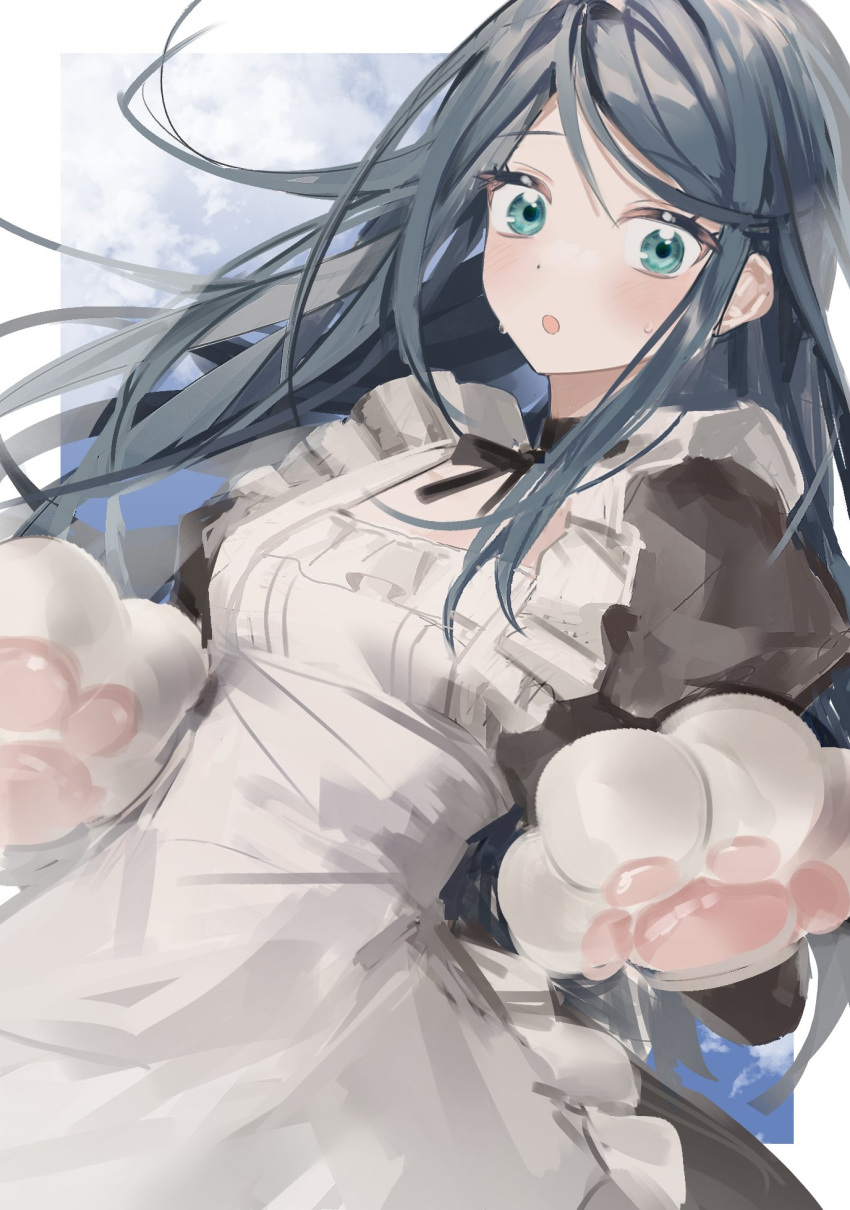 1girl animal_hands apron black_dress blue_eyes blue_hair blush dress frilled_apron frills gloves gyo12121 highres hoshino_ichika_(project_sekai) juliet_sleeves long_hair long_sleeves looking_at_viewer maid open_mouth paw_gloves project_sekai puffy_sleeves solo sweat swept_bangs white_apron white_gloves