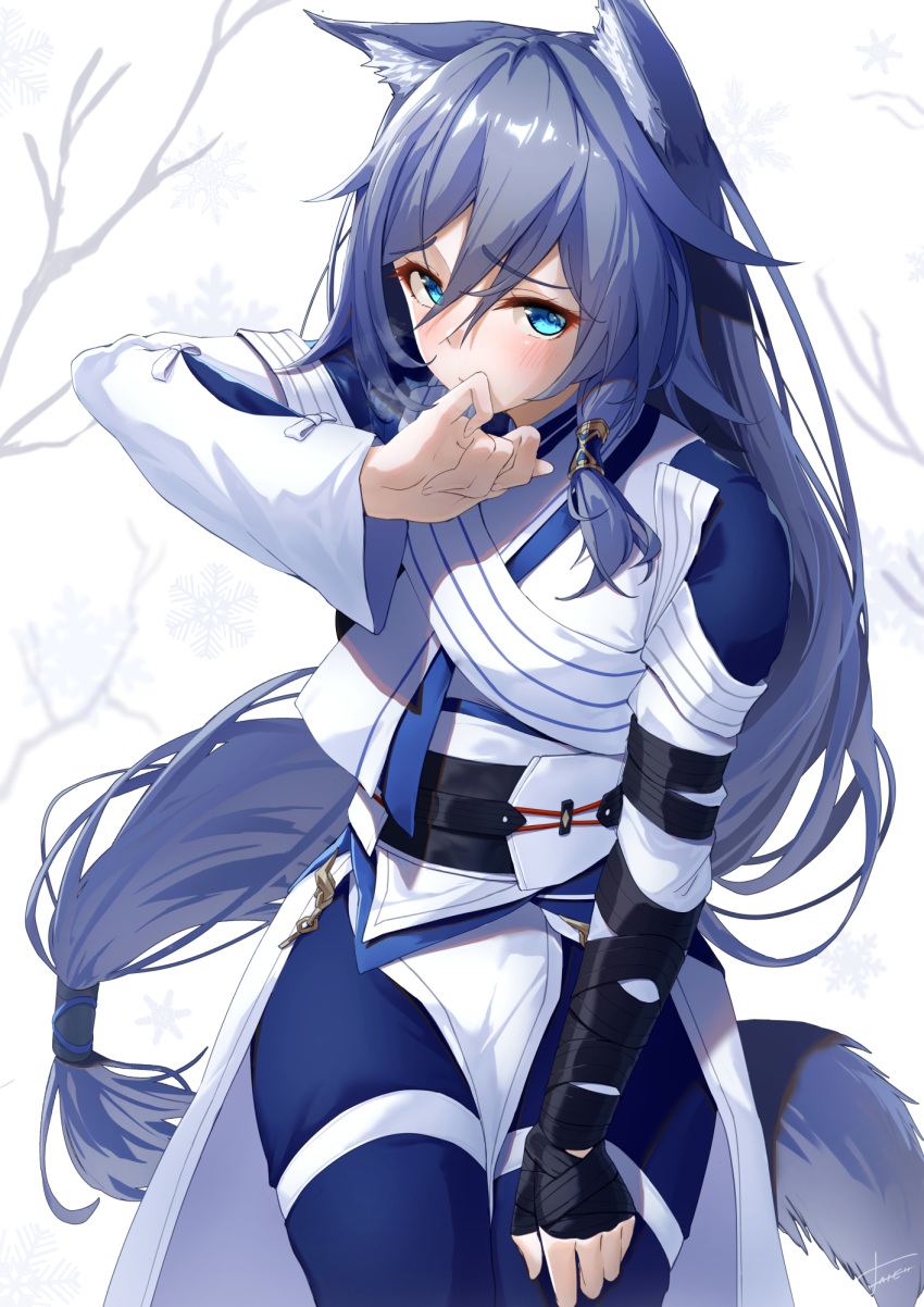1girl animal_ears asymmetrical_clothes blue_pants blush cat_ears chinese_clothes covering_mouth fu_hua fu_hua_(azure_empyrea) fu_hua_(taixuan_impression) furrowed_brow grey_hair hair_between_eyes hand_on_own_thigh highres honkai_(series) honkai_impact_3rd long_hair long_sleeves mixed-language_commentary pants shy signature simple_background solo tail upper_body white_background xfate