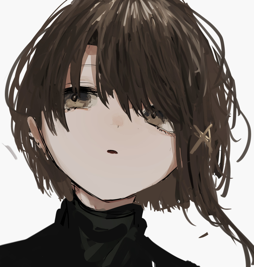 1girl black_jacket brown_eyes brown_hair close-up expressionless hair_ornament highres iwakura_lain jacket looking_to_the_side messy_hair pikuson serial_experiments_lain short_hair simple_background sketch solo white_background x_hair_ornament