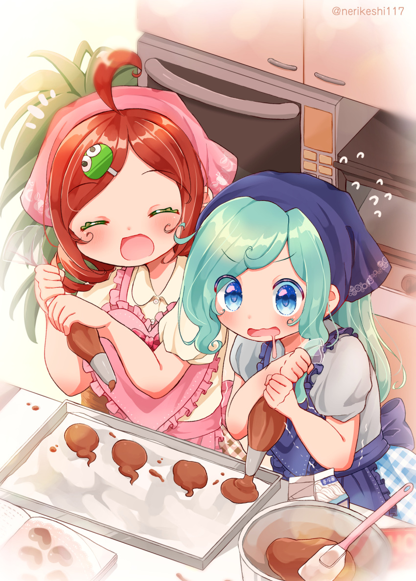 1boy 1girl ahoge alternate_costume andou_ringo apple_print apron aqua_hair asymmetrical_sidelocks back_bow baking_sheet blue_apron blue_eyes blush book bow cabinet carton character_hair_ornament chocolate_making closed_eyes collared_shirt colored_eyelashes curly_hair drill_hair drooling ecolo_(puyopuyo) eyes_visible_through_hair flying_sweatdrops frilled_apron frills gear_print green_eyes hair_ornament hairclip head_scarf heart_apron highres indoors kitchen long_hair mixing_bowl mouth_drool notice_lines open_book oven pastry_bag pink_apron plant potted_plant puffy_short_sleeves puffy_sleeves puyo_(puyopuyo) puyopuyo redhead shaking shinonome_pinano shirt short_sleeves sidelocks spatula strange_ecolo