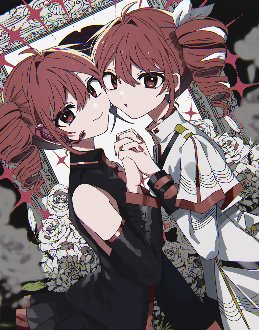 2girls :o ahoge bare_shoulders black_shirt black_skirt blurry blurry_foreground bow bright_pupils cheek-to-cheek closed_mouth collared_shirt commentary cowboy_shot danjou_sora detached_sleeves drill_hair dual_persona dutch_angle epaulettes flower from_side hair_bow hand_up headphones heads_together high_collar highres holding_hands interlocked_fingers kasane_teto kasane_teto_(sv) long_sleeves looking_at_viewer looking_to_the_side microphone multiple_girls open_mouth pleated_skirt red_eyes red_nails redhead rose shirt shoulder_strap skirt sleeve_cuffs sleeveless sleeveless_shirt smile sparkle synthesizer_v twin_drills utau white_bow white_flower white_pupils white_rose white_shirt white_skirt