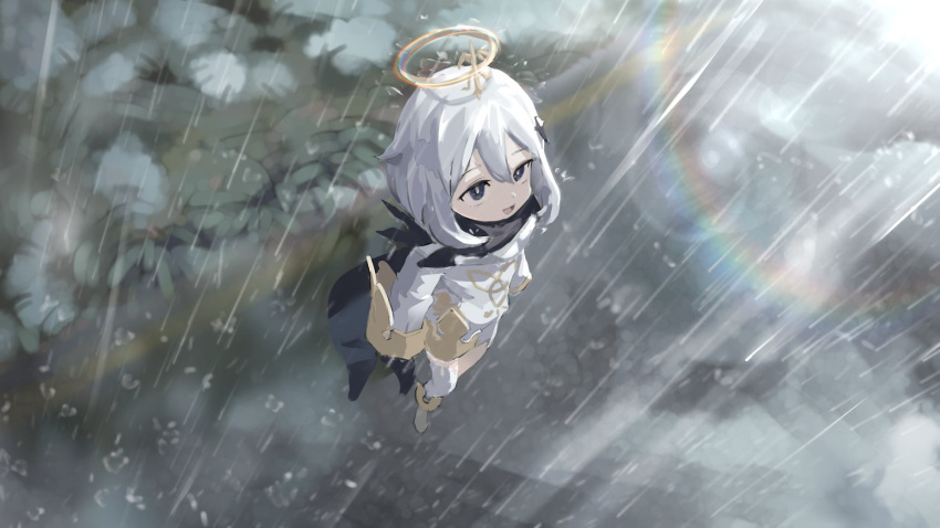 1girl black_eyes black_scarf bright_pupils commentary english_commentary from_above full_body genshin_impact halo highres long_sleeves looking_up outdoors paimon_(genshin_impact) rain scarf short_hair single_thighhigh solo standing teasmacker thigh-highs white_hair white_pupils white_thighhighs