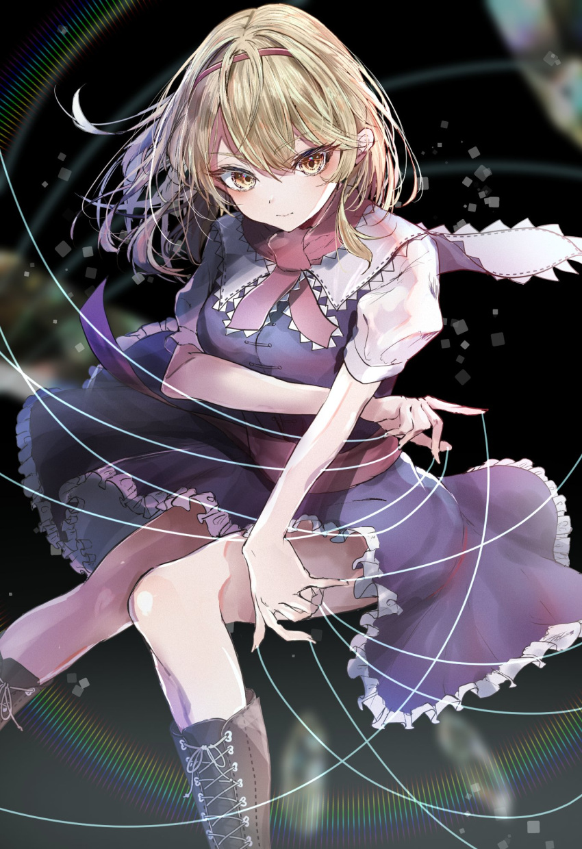 1girl alice_margatroid black_background blonde_hair blue_dress boots brown_footwear capelet closed_mouth commentary dress frilled_dress frills hairband hegata_(hegatia_lapis) highres looking_at_viewer rainbow_gradient red_hairband short_hair short_sleeves smile solo touhou white_capelet yellow_eyes