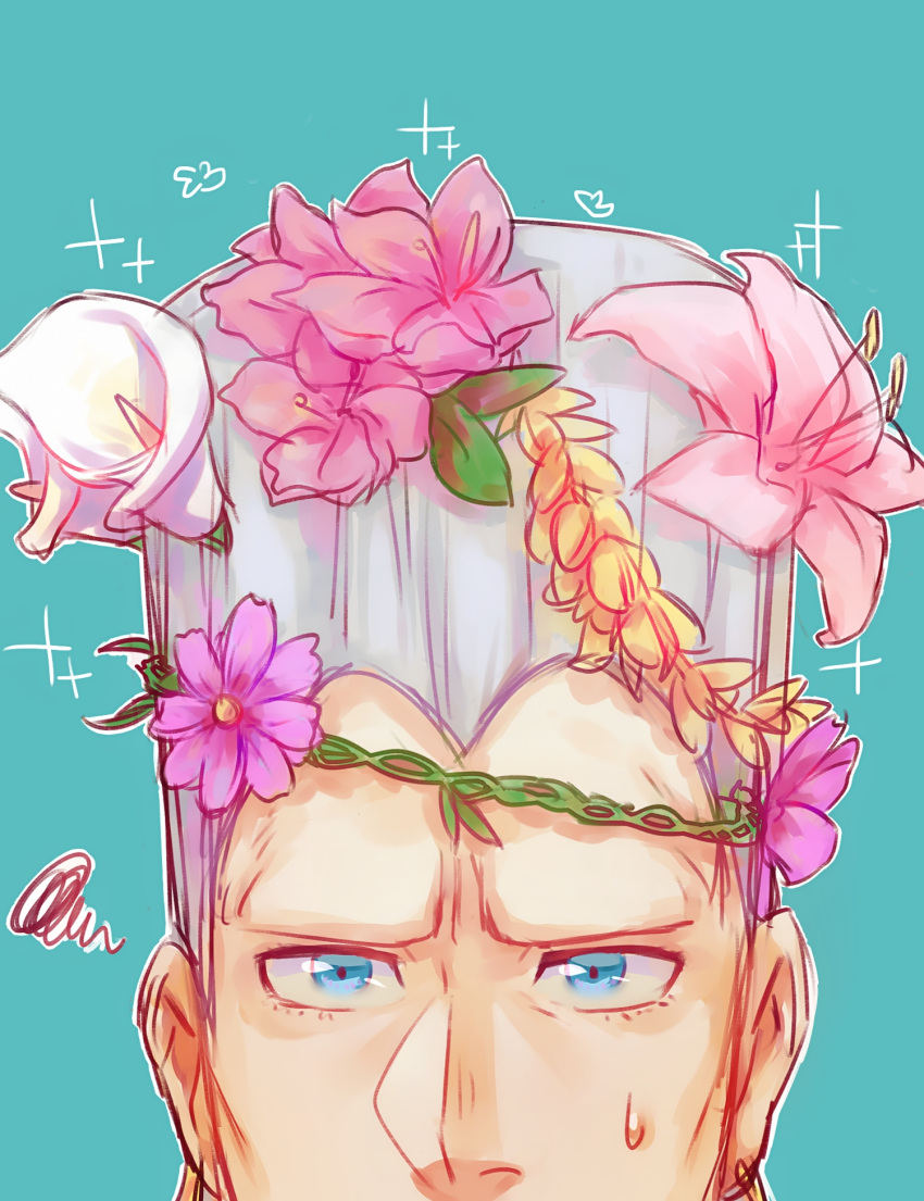 1boy 2608337875 blue_eyes close-up flower flower_request grey_hair hair_flower hair_ornament highres jean_pierre_polnareff jojo_no_kimyou_na_bouken lily_(flower) male_focus mouth_out_of_frame solo squiggle stardust_crusaders sweatdrop tall_hair widow's_peak