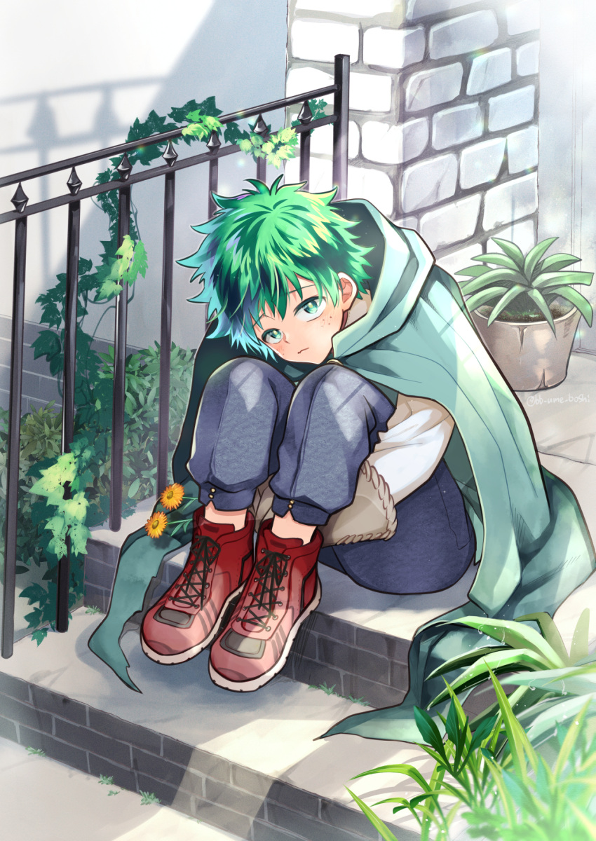 1boy alternate_hair_color black_pants blonde_hair bloom blush boku_no_hero_academia brick bright_pupils brooch cloak closed_mouth cross-laced_footwear dew_drop flower flower_request freckles full_body gloves green_cloak green_eyes green_hair green_pupils grey_gloves hands_under_legs highres holding holding_flower hood hood_down hooded_cloak jewelry knees_to_chest knees_up leaning_forward light looking_at_viewer looking_up male_focus midoriya_izuku multicolored_hair orange_flower outdoors own_hands_together pants pillar plant potted_plant purple_hair railing raised_eyebrows red_footwear shade shadow shirt shoes short_hair sidelighting sitting sitting_on_stairs sneakers solo stairs streaked_hair twitter_username ume_(326310) vines water_drop wavy_mouth white_shirt