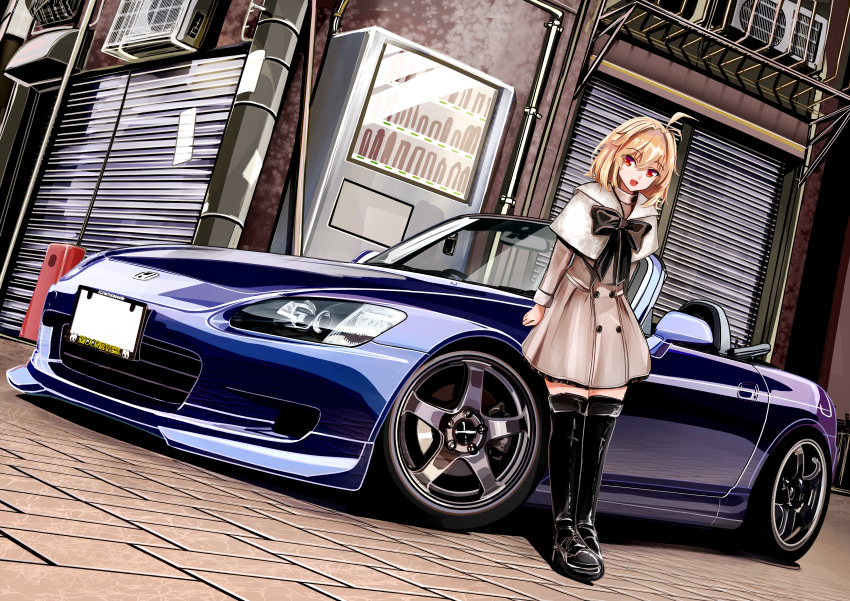 1girl 3books absurdres air_conditioner arcueid_brunestud black_bow black_footwear blonde_hair boots bow brown_skirt capelet car commentary_request convertible cowlick grey_capelet head_tilt highres honda honda_s2000 medium_hair motor_vehicle open_mouth partial_commentary red_eyes skirt smile solo sports_car thigh_boots tsukihime vehicle_focus vending_machine