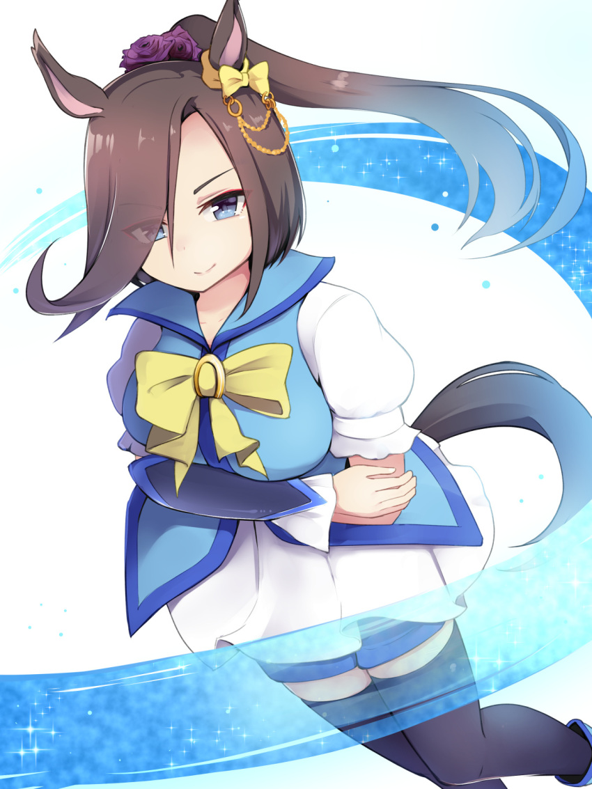1girl air_groove_(umamusume) alternate_hair_length alternate_hairstyle animal_ears arm_guards arms_under_breasts black_thighhighs bow bowtie brown_hair commentary_request commission crossed_arms ear_bow ear_chain eyeliner eyes_visible_through_hair feet_out_of_frame grey_eyes hair_over_one_eye high_ponytail highres horse_ears horse_girl horse_tail long_hair looking_at_viewer magical_girl makeup nekonetoru_take pixiv_commission puffy_short_sleeves puffy_sleeves short_sleeves simple_background solo tail thigh-highs umamusume white_background yellow_bow yellow_bowtie